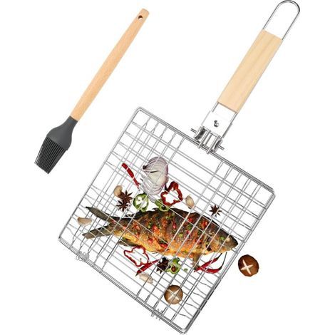 Panier À Poisson En Acier Inoxydable Pour Barbecue, Pliable Et Idéal Pour Rôtir Le Poisson Support À Poisson Avec Poignée En Bois Pliable Et Brosse En Silicone Pour Légumes, Steaks Et Crevettes. (1/5)