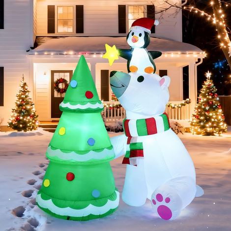 Ours Polaire Gonflable de 1,8 m avec Pingouin et Sapin de Noël avec LED intégrées pour fête de Noël en Plein air, Cour, Jardin, décoration d'hiver (1/5)