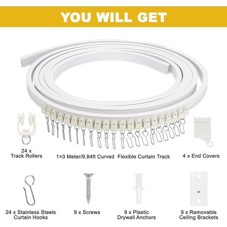 Rail de Rideau de Plafond Flexible Incurvé, 3 Mètres Tringle à Rideaux avec Rouleaux Muets, Rail Rideaux Plafond pour Fenêtre de Maison Chambre Balcon Salle de Bain, Accessoires Incl.