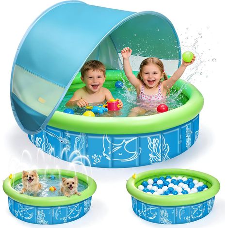 Baby Swimming Pool with Sun Visor 4 in 1, Anti-UV SPF50+ Baby Beach Tent with Water Jets, Mosquito Net and Sunshade, Portable Beach Tent for Garden, Beach, Picnic (100 x 30 cm) (1/5)