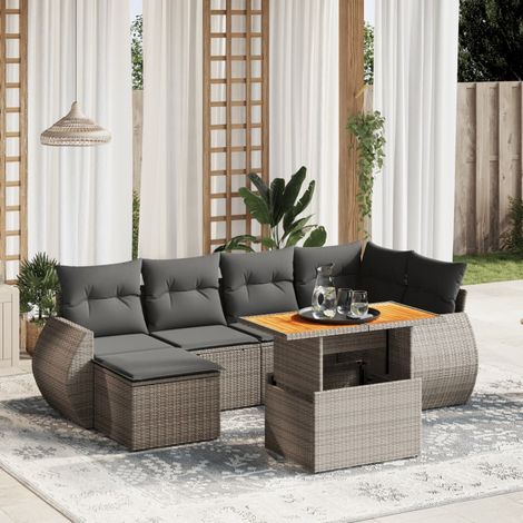 Ensemble de Jardin 7 Pièces en Résine Tressée Gris, Table Hauteur Réglable avec Coussins Amovibles - Salon d'Extérieur Modulaire (1/3)