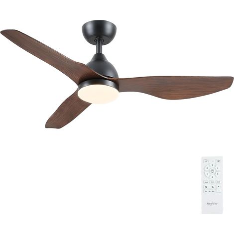 Ventilador de techo de 116 cm en negro y madera con luz y mando a distancia, silencioso, bombilla regulable, 3 aspas reversibles, modo de suspensión, 6 velocidades, función de memoria para dormitorio, (1/5)