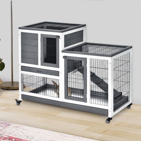 PawHut Clapier à lapin sur roulettes cage à lapin intérieur extérieur 2 étages 2 portes verrouillables 2 plateaux coulissants rampe bois de sapin gris blanc (1/5)