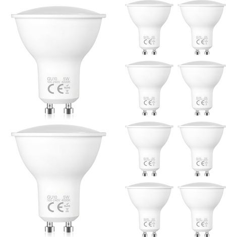 10 Pack Spots LED GU10 5W, Blanc Neutre 4000K, équivalent à Une Ampoule Halogène De 50W, Angle De Faisceau De 120 Degrés, Faible Consommation D'énergie, Convient Aux Plafonniers, Spots Encastrés (1/5)