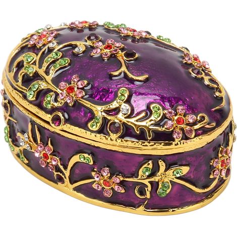 Boîte à bijoux florale peinte à la main, détails réalistes classiques, boîte de rangement à charnière pour bagues et boucles d'oreilles, violette. (1/5)
