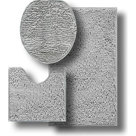 Lot de 3 tapis de bain chenille - Housse de couvercle, tapis contour et tapis de bain - Somptueusement doux, ultra absorbant et lavable en machine (gris) (1/2)