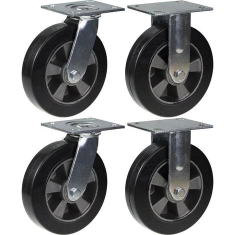Bausteinräder für Baustellenmaterial - PARNELLS - 200 mm - Schwarzes Gummi - Tragfähigkeit 1800 kg - Set von 4