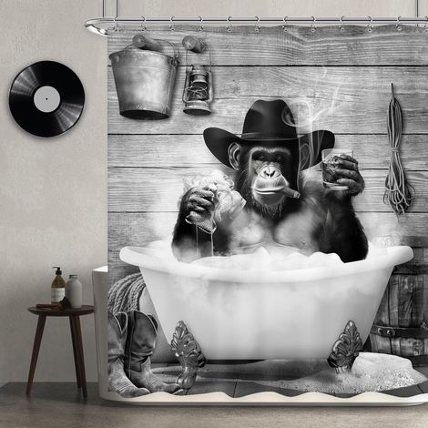 Rideau de Douche Amusant Singe 152,4 x 183 cm (l x H) Cowboy Occidental chimpanzé dans la Baignoire Rideau de Douche Noir et Blanc Ensemble de Salle de Bain imperméable pour garçons et (1/5)