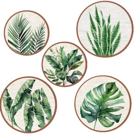 Lot de 5 décorations murales en bois - Style bohème - Décoration murale ronde pour chambre à coucher - Plantes tropicales Monstera vert - Décoration (1/4)