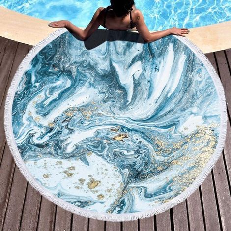 Serviette de plage ronde à pompons imprimé abstrait, idéale pour l'été, tapis de yoga ou autre. Écharpe de plage/tapis de yoga. (1/4)