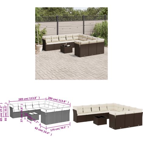 vidaXL 12-tlg. Garten-Sofagarnitur mit Kissen Braun Poly Rattan