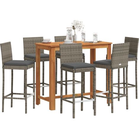 7-tlg. Gartenbar-Set Grau Massivholz Akazie und Poly Rattan