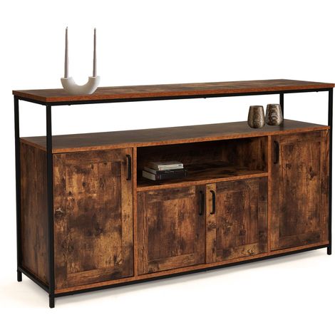 Idmarket – Buffet 140 cm 4 portes effet bois vieilli – Design industriel noir et bois – Dimensions : L. 140 x l. 40 x H. 81 cm – Niche centrale et étagères ajustables