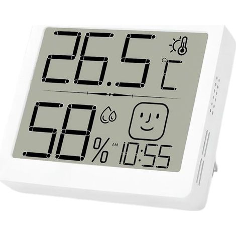 Hygromètre numérique thermo-hygromètre numérique pour intérieur avec réveil, thermomètre, moniteur d'humidité écran avec émoticônes enregistrement maximum/minimum et montage mural