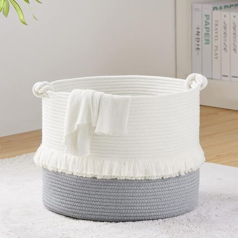 Medium Woven Rope Storage Basket, Bohemian Laundry Basket for Kids Room, Decorative Fringe Basket with Knot Handles, White and Gray, 40.6x33cm (1/5)