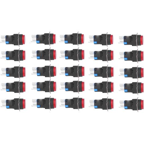 16 mm beleuchteter Drucktaster 24 V, Packung mit 25 5-poligen Verriegelungs-Momentanschaltern, rotes Ausrüstungsset. (1/5)