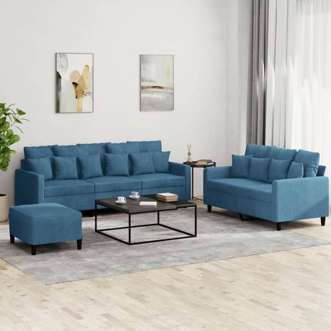 3-tlg. Sofagarnitur mit Kissen Blau Samt (1/5)