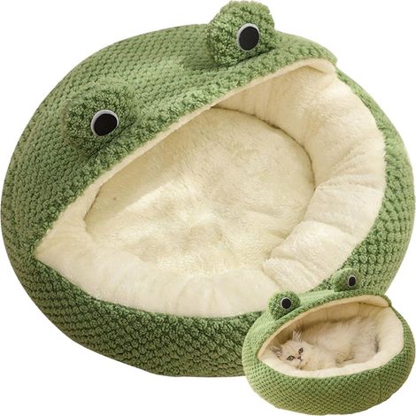Lit Couvert en Forme De Grenouille pour Chat, Mignon, Dessin Animé, Peluche Douce, Semi-fermé, Lit pour Animal De Compagnie (1/5)