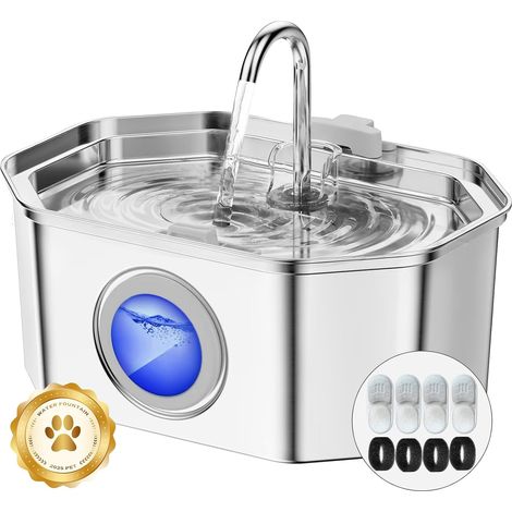 Fontaine a Eau Chat INOX, 3.2L Fontaine à Eau Chat,Fontaine Chats silencieuse,LED fenêtre, sont faciles à Nettoyer, Fontaine a Eau Petit Chien (Lot de 4 éponges et filtres) (1/5)