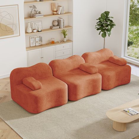 Canapé modulable 3 places 288 x 98 x 70 cm - Velours orange - Forme vague, mousse 32D (1/5)