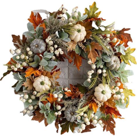 Couronne murale 35cm feuilles givrées et citrouille, décoration d'automne pour porte, suspension murale, ornement saisonnier (1/4)