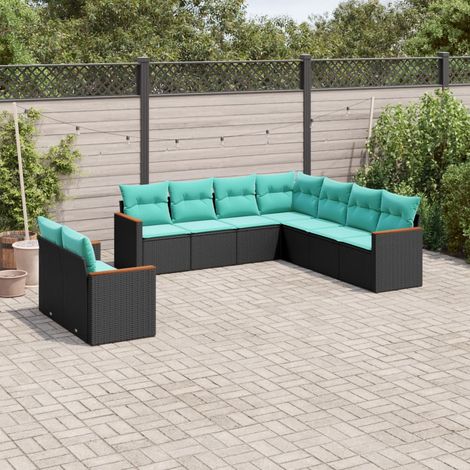9-teiliges Gartensofa-Set mit Kissen, schwarzes Polyrattan (1/5)