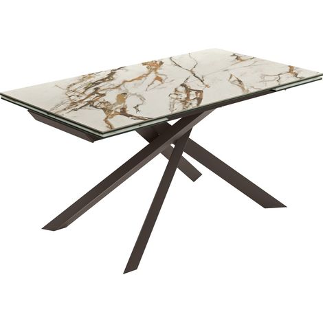 Tavolo Allungabile Cross 160-240x90 cm con Top in Ceramica Marmo Calacatta Borghini e Gambe in Metallo Verniciato Bronzo - Design Moderno (1/3)