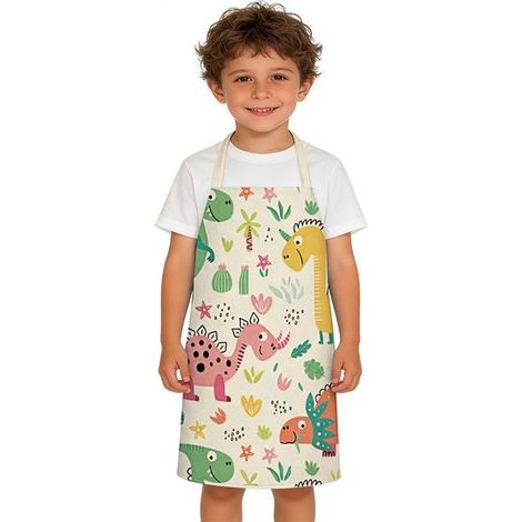 Grembiule per bambini con motivo di dinosauri in stile cartone animato, ideale per dipingere e cucinare in cucina. Consigliato per bambini e bambine. (1/5)