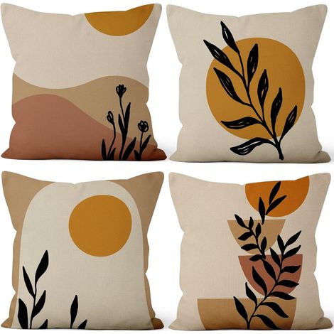 45x45cm Lot de 4 Bohème Housse de Coussin Minimaliste Arc en Ciel Soleil Montagne Feuille Moderne Lin De Coussincarré Taie d'oreiller Été Decoration Chambre Salon Extérieur Jardin Canapé (1/5)