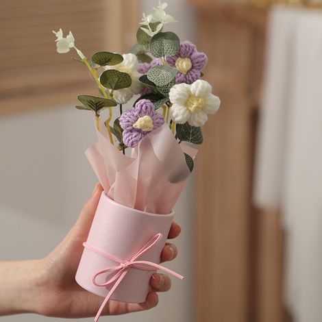 1 bouquet de fleurs artificielles en fil tricoté fait main, 5 fleurs au crochet, fleurs en tissu tricotées pour cadeau, décoration intérieure, Saint-Valentin, violet. (1/5)