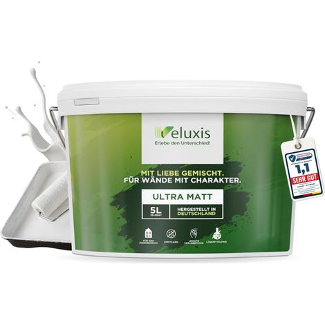 Peinture murale blanche mate pour intérieur – Pouvoir couvrant classe 1, sans COV, sans apprêt, format économique – Salon et chambre – 5 L – Veluxis (Pure White) (1/5)