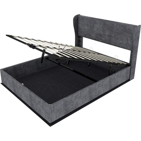 Cama canapé capitoné gris 160 x 200 cm con cabecero acolchado y elevación a gas HOMVRA (1/5)