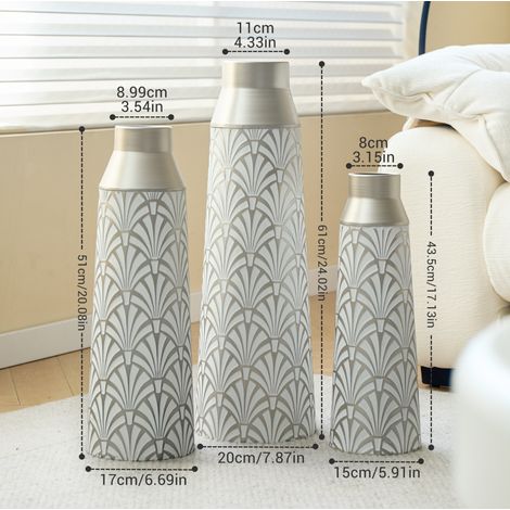 Jarrón de suelo de 3 piezas en metal, motivo abanico, blanco y plata, 43,5/51/61 cm OKMYHOME (1/5)