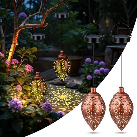 Lot de 2 Lanterne Solaire Exterieur, IP65 Étanche Métal LED Vintage Lampes Solaires Exterieur à Suspendre, Lumiere Solaire pour Jardin, Balcon, Terrasse, Patio, Camping, Décoration, Blanc Chaud (1/5)