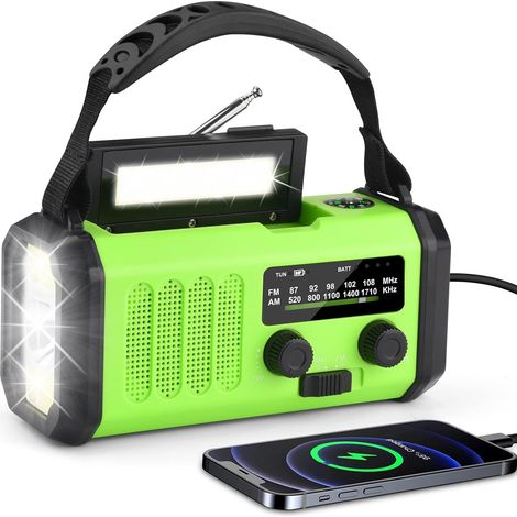 Tragbares Solarradio mit 10.000 mAh – AM/FM-Kurbelradio – mit wiederaufladbarer 10.000-mAh-Powerbank – 3 Modi – LED-Taschenlampe – LED-Leselicht – SOS-Alarm, Kurbeldynamo und