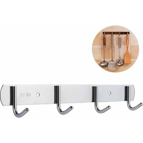 Stainless Steel Clothes Hanger Rod with 4 Hooks, Clothes Bar, Self-adhesive Kitchen Utensil with 3M Self-adhesive Glue, No Drilling, Rust-proof Towel Rack, Silver MUMU (1/4)