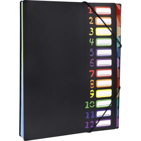 Classeur à documents A4, porte-revues portable avec 12 compartiments, organiseur en plastique PP résistant à l’eau, dossier à élastique pour école et bureau (Noir) (1/5)