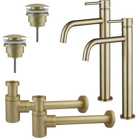 FugaFlow Eccelente Sobrado Slim Kit robinet lavabo - pour double vasque - robinet rehaussé - bonde clic clac - siphon design bas - Laiton brossé PVD (1/4)