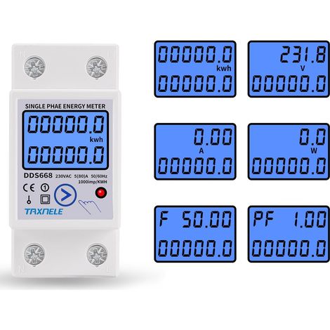 Compteur d'énergie monophasé sur Rail DIN kWh Compteur de consommation d'énergie Wattmètre Courant de Tension 80A AC 230V Voltmètre Ampèremètre LCD Réinitialiser zéro KWH (1/5)