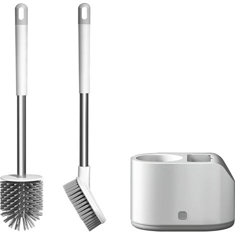 Ensemble de 1Brosse de toilette et support,Brosse de nettoyage de salle deBains en silicone avecBase anti - goutte,Brosse à récurer muraleBlanche à long manche (1/5)