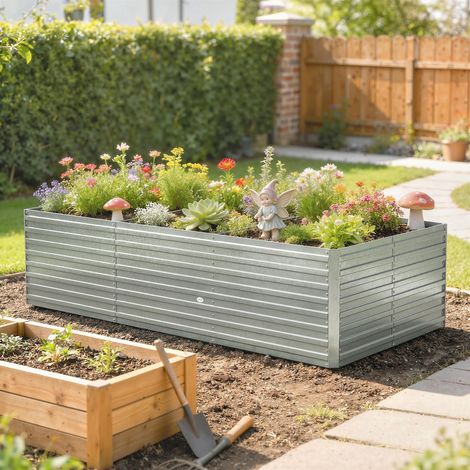 Jardinière d'extérieur surélevée galvanisée avec rebord de sécurité et fond ouvert, 240 x 120 x 60 cm, gris argenté (1/5)