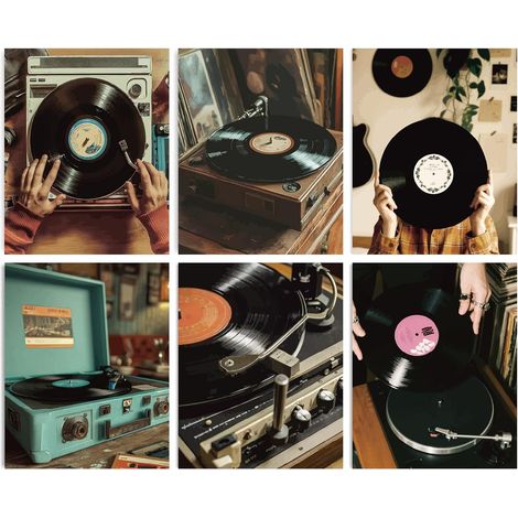 Lot de 6 impressions d'art mural vintage de disques vinyles noirs - 20,3 x 25,4 cm - Impression sur toile - Sans cadre - Pour chambre à coucher, salon - Décoration de fête (1/5)