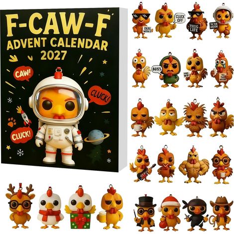 Calendrier de l'Avent Poulet drôle F CAW F avec compte à rebours de Noël de 24 jours et décorations suspendues en acrylique représentant des poulets originaux pour sapin de Noël et cadeau humoristique