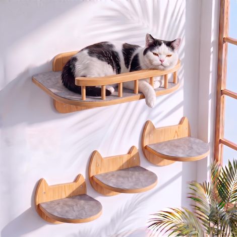 Meuble Mural pour Chat + 3 marches, Arbre à Chat, étagère d'angle, lit, griffoir, hamac, perchoir de fenêtre (1/5)