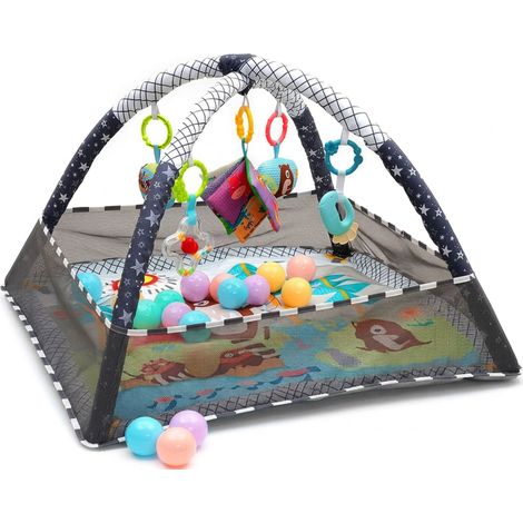 Arche de jeu Relaxdays, avec jouets, pliable, HxLxP: 55 x 80 x 80 cm, tissu et mousse, baby-gym, tapis d'éveil, coloré