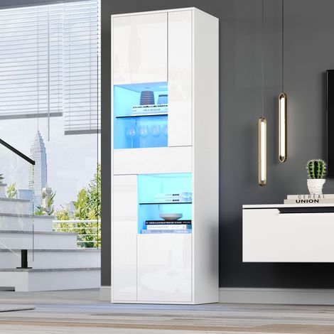 Vitrine haute 55 x 38 x 170 cm avec LED, 1 tiroir, 4 placards, blanc, REDOM (1/5)