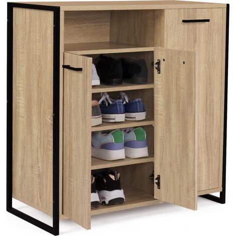 Idmarket – Armoire à chaussures 18 paires – 3 portes – Niche design industriel – Dimensions L73,2 x l35 x H75 cm – Bi-matière métal et bois