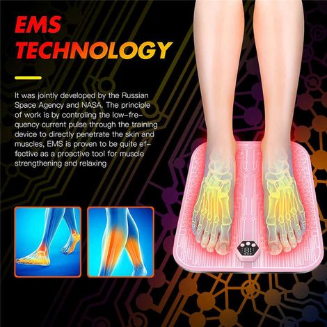 Tapis de massage intelligent pour les pieds, 6 modes, 19 niveaux, stimulateur EMS, coussin vibrant pour soulager les douleurs musculaires et masser les jambes (rose). (1/3)
