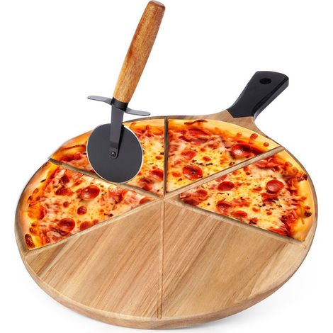 Tagliere per pizza rotondo in legno con coltello 30 cm 2 pz. (1/5)
