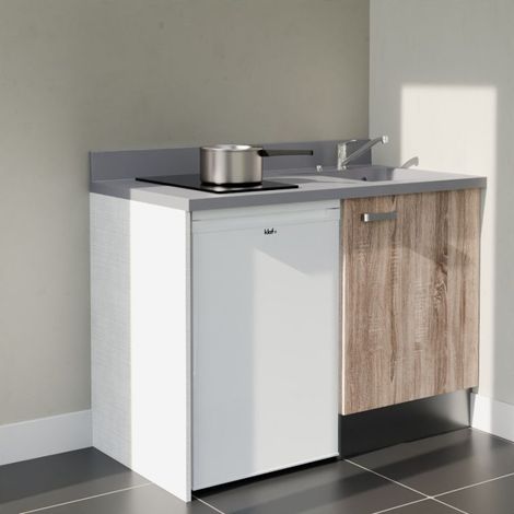 Kitchenette K08L - 120 cm - plan monobloc évier intégré Cromo- évier à droite - Façades Bois + Electroménager inclus coloris Blanc
